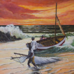 Fishermen at work at sunset