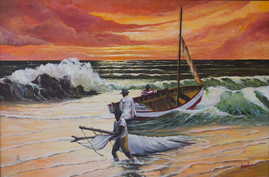 Fishermen at work at sunset